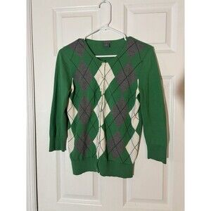 Women’s Preppy Green Gray Argyle Sweater Academia Y2K 3/4 Work Small Cardigan